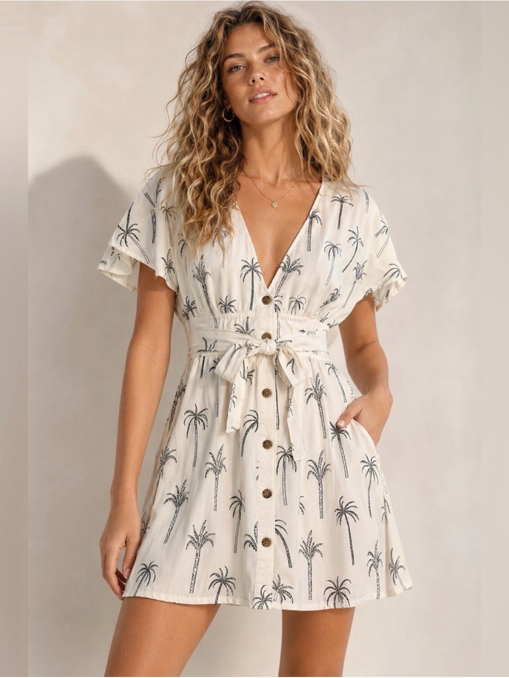 Marine Layer Palm Tree Print Pocket Mini Dress Small | 100% Lyocell